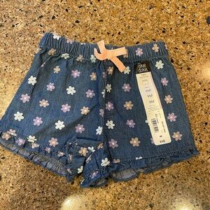 okie dokie Denim-Print Floral Baby Shorts in Blue with Pink Bow